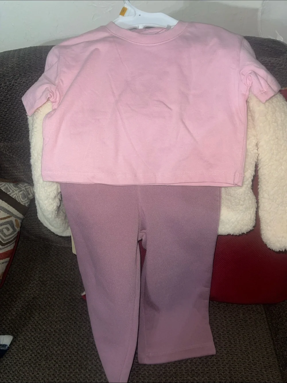 BearPaw Cream Sherpa Jacket with Pink Floral Embroidery & Lavender Pants
